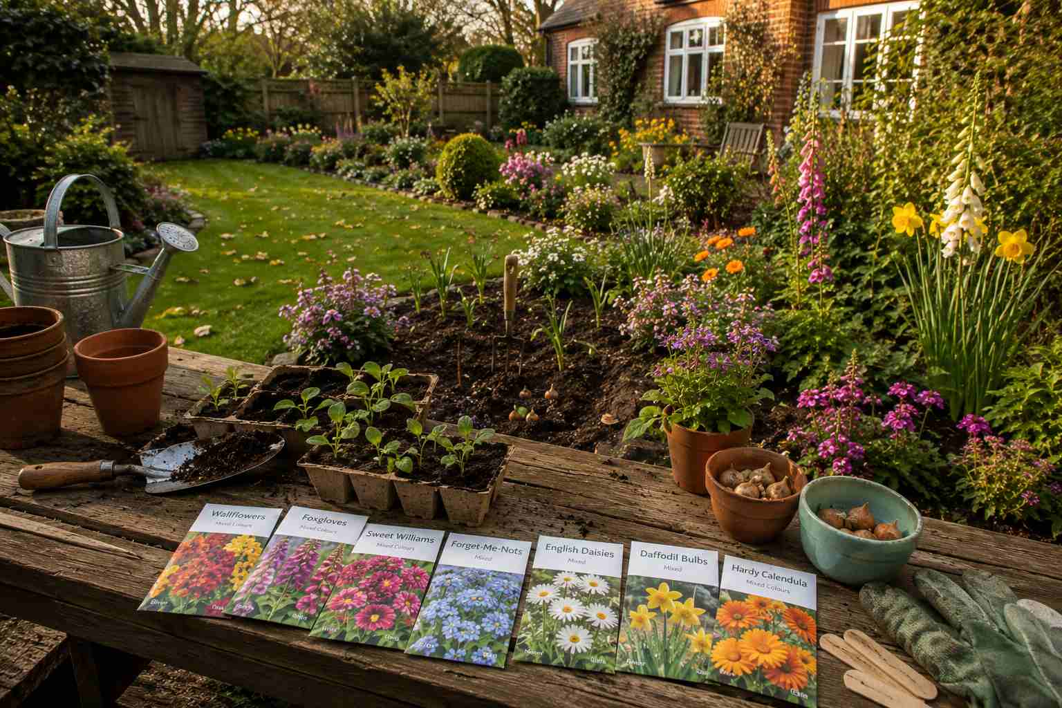 A beautifully landscaped garden with lawn, patio and planted borders in Surrey