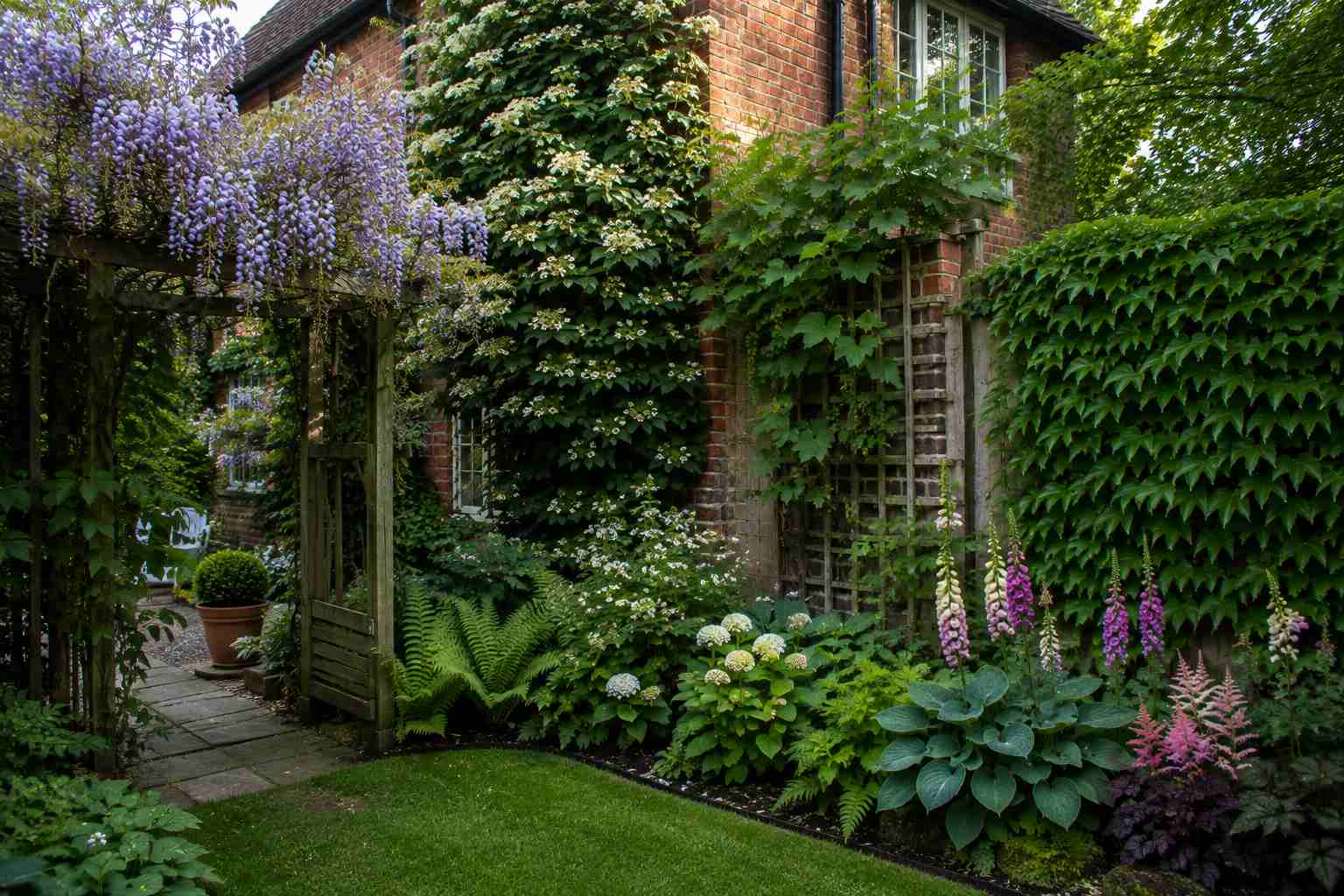 A beautifully landscaped garden with lawn, patio and planted borders in Surrey