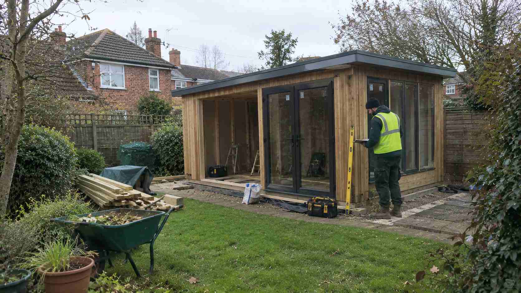A gardener measuring a garden room with a tape measure, with a partially built structure in the background