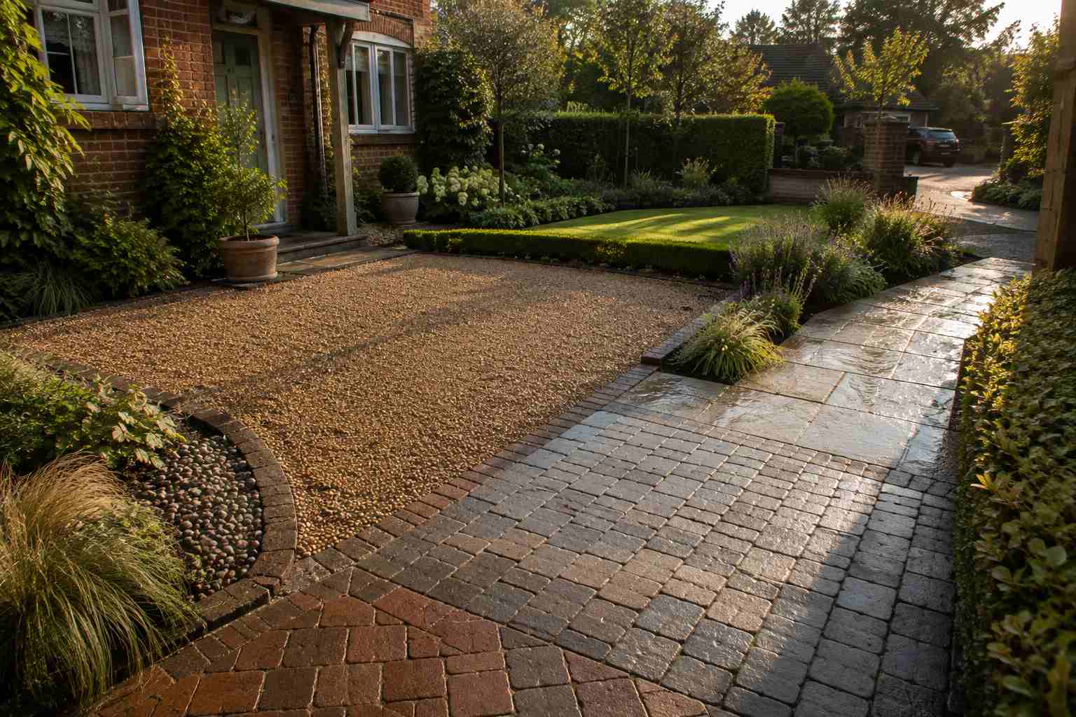 A beautifully landscaped garden with lawn, patio and planted borders in Surrey
