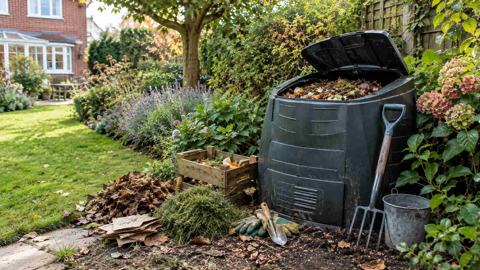 A beautifully landscaped garden with lawn, patio and planted borders in Surrey