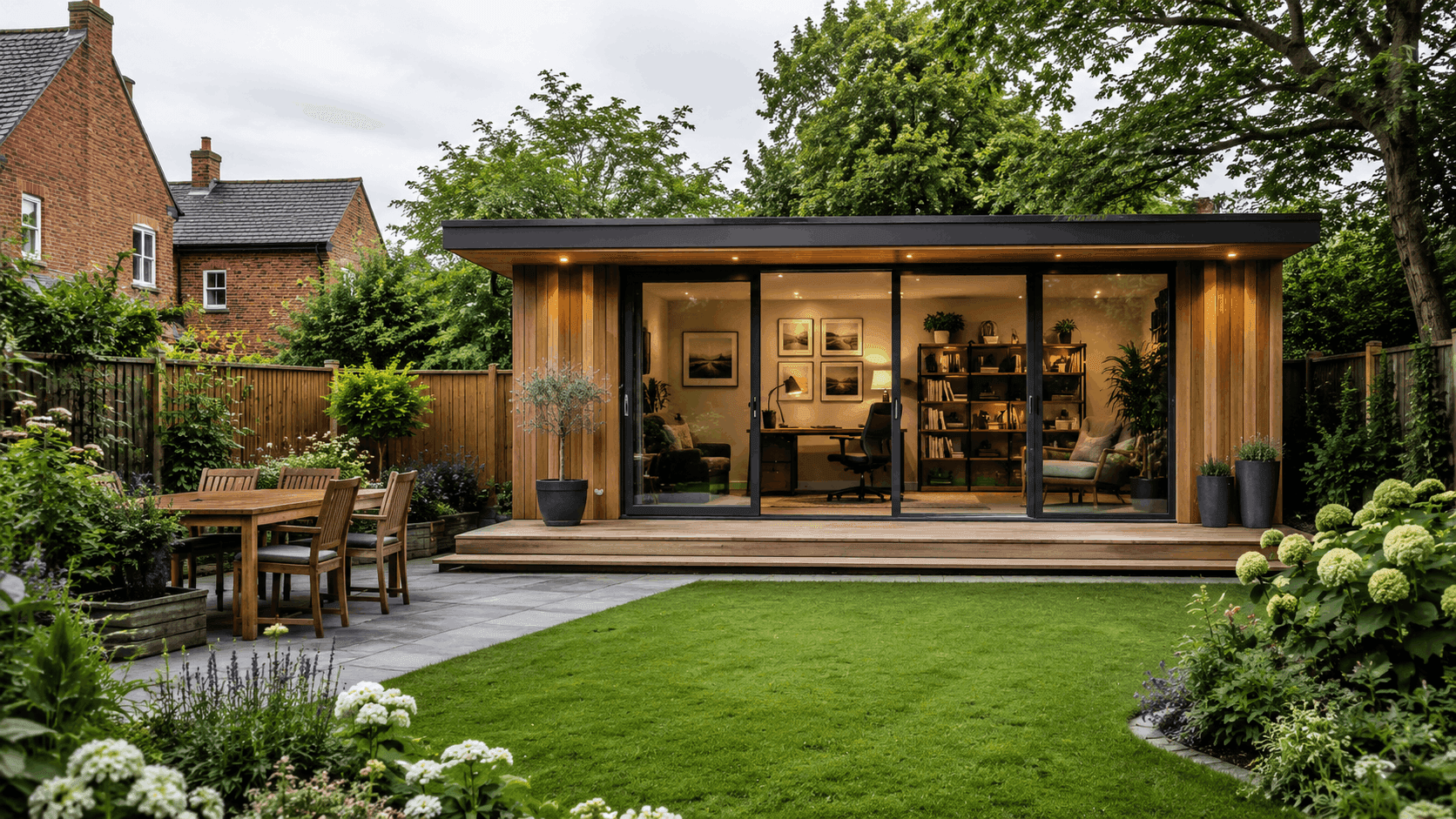 A beautifully landscaped garden with lawn, patio and planted borders in Surrey