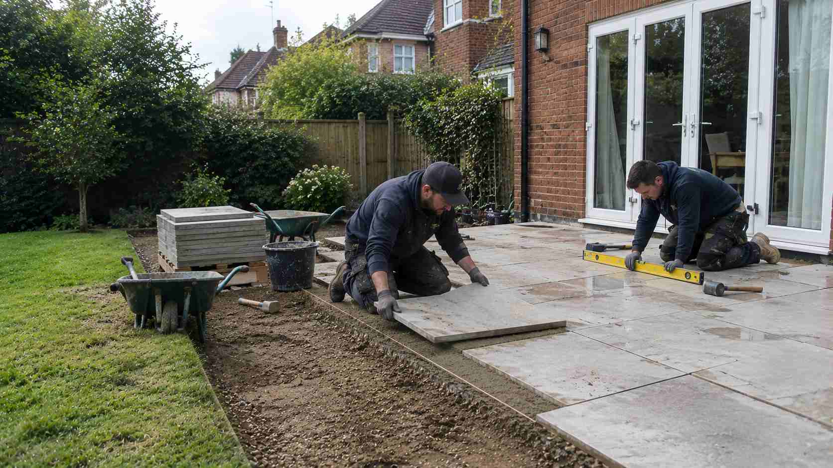 Two landscapers installing a new patio with porcelain paving slabs in a residential garden in Surrey, UK