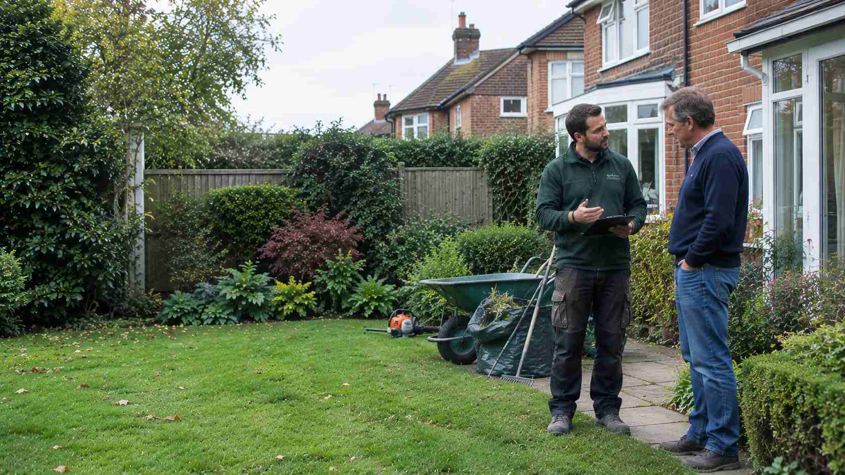 A beautifully landscaped garden with lawn, patio and planted borders in Surrey