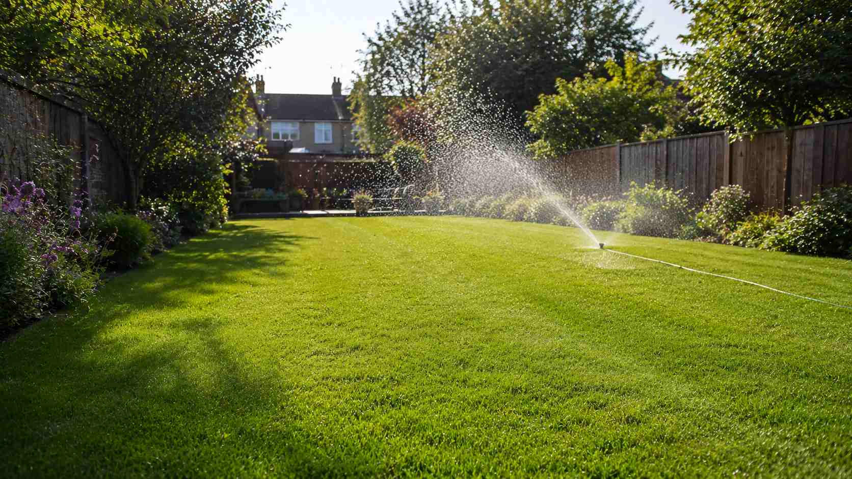 A beautifully landscaped garden with lawn, patio and planted borders in Surrey