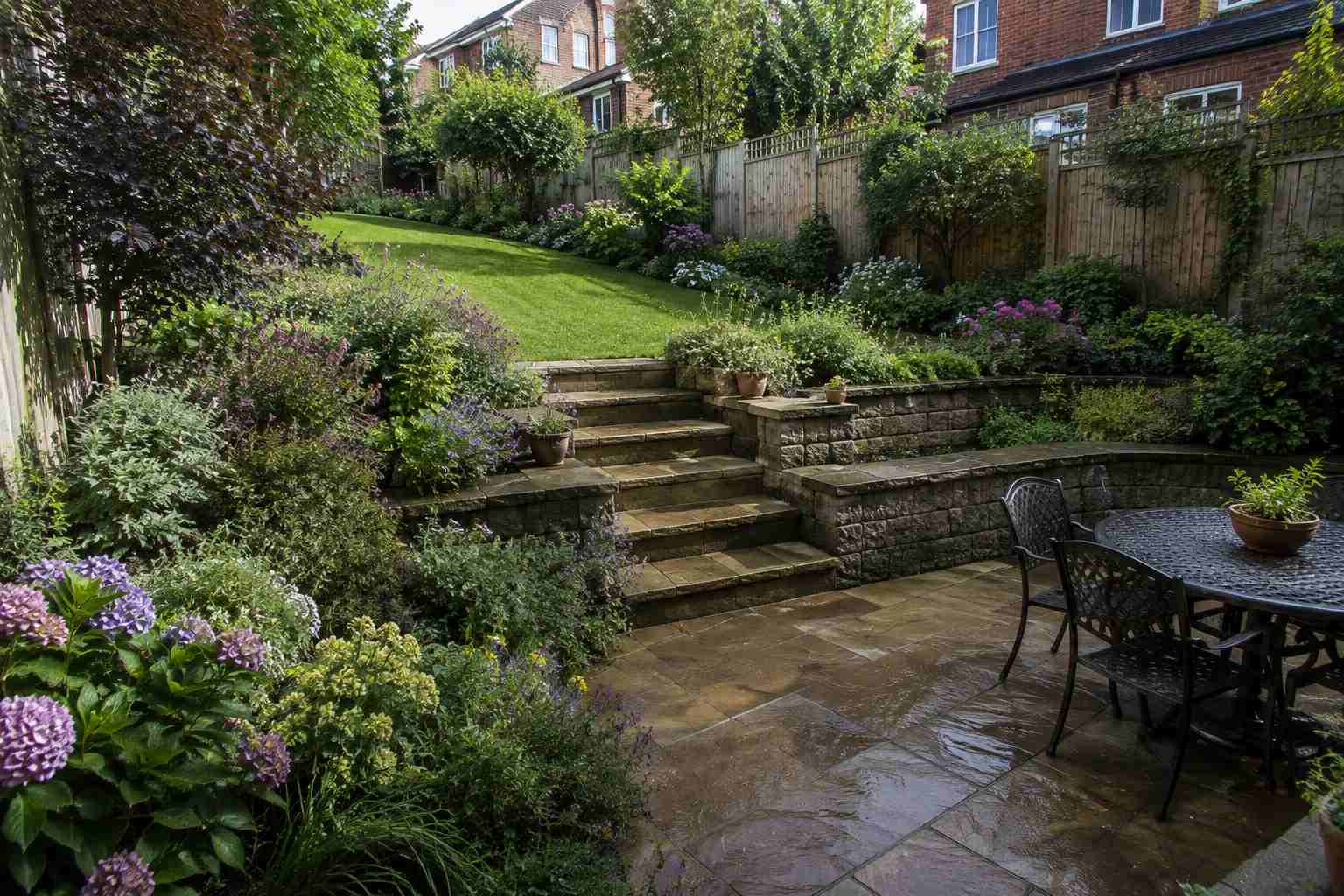 A beautifully landscaped garden with lawn, patio and planted borders in Surrey