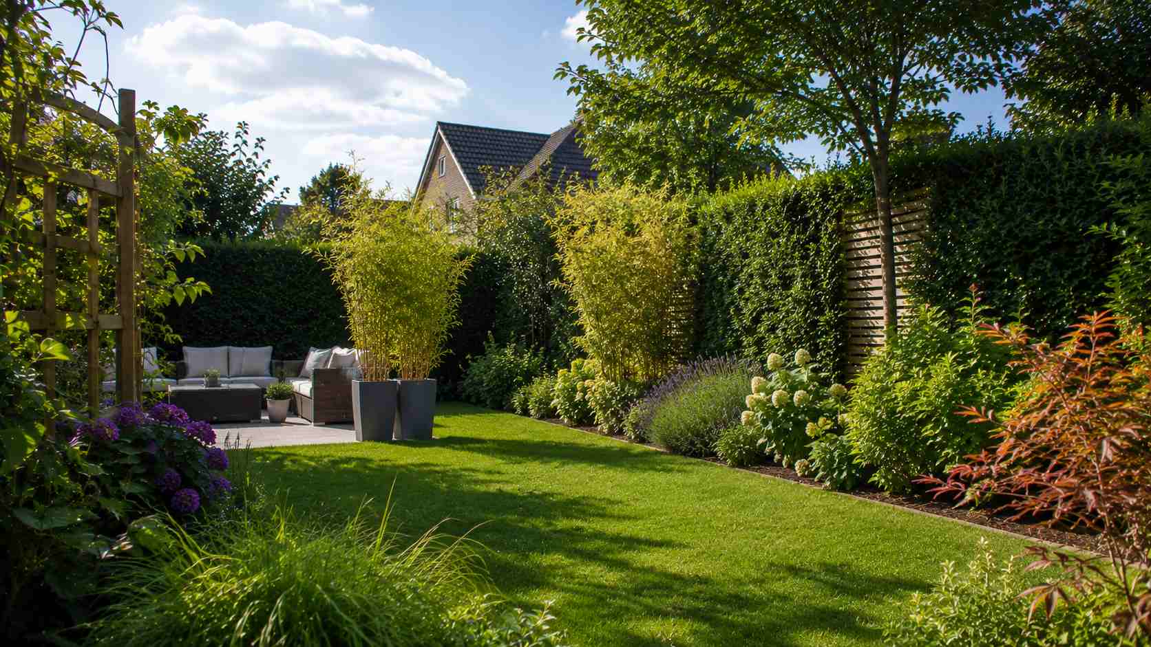 A beautifully landscaped garden with lawn, patio and planted borders in Surrey