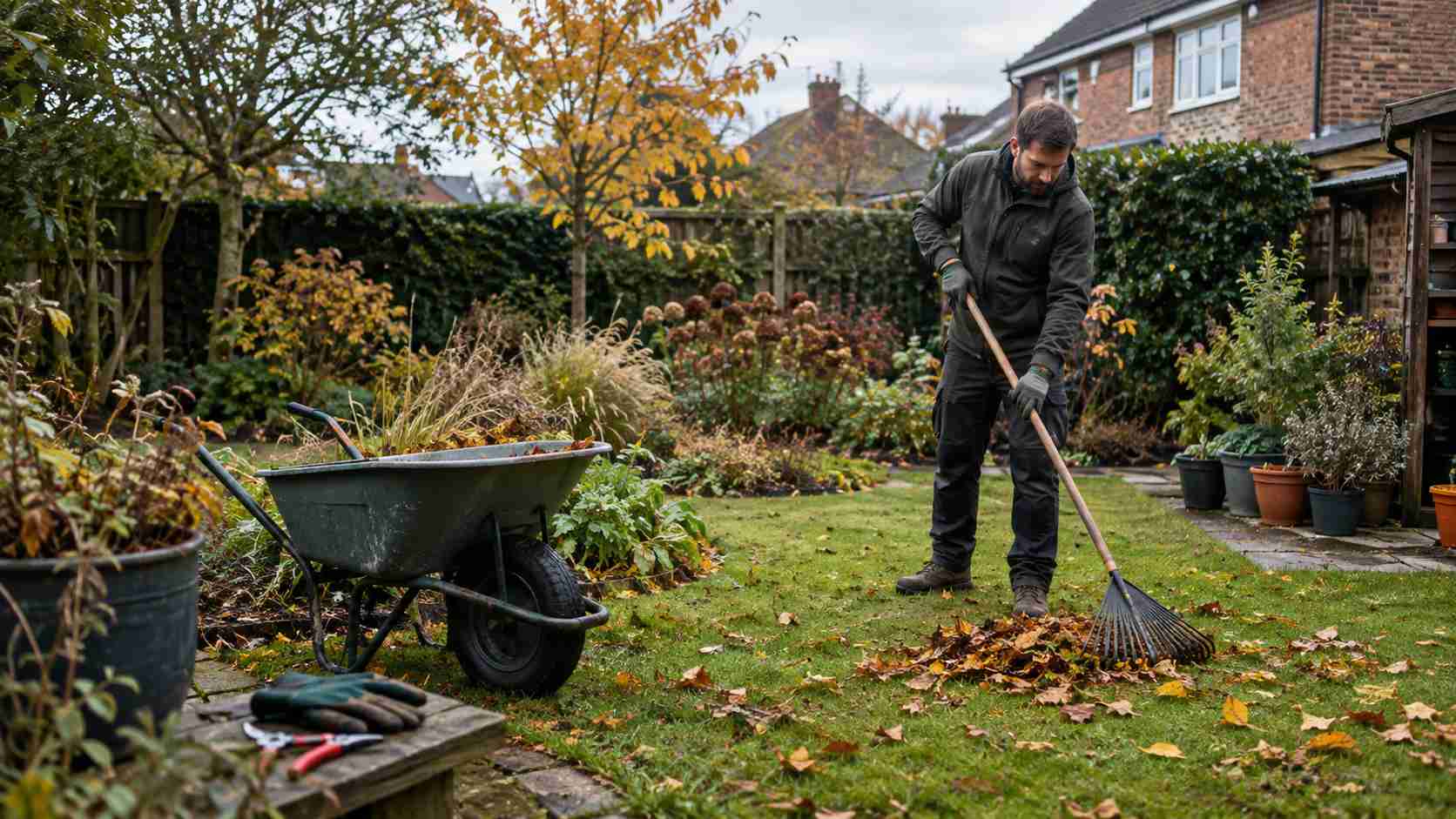 A beautifully landscaped garden with lawn, patio and planted borders in Surrey