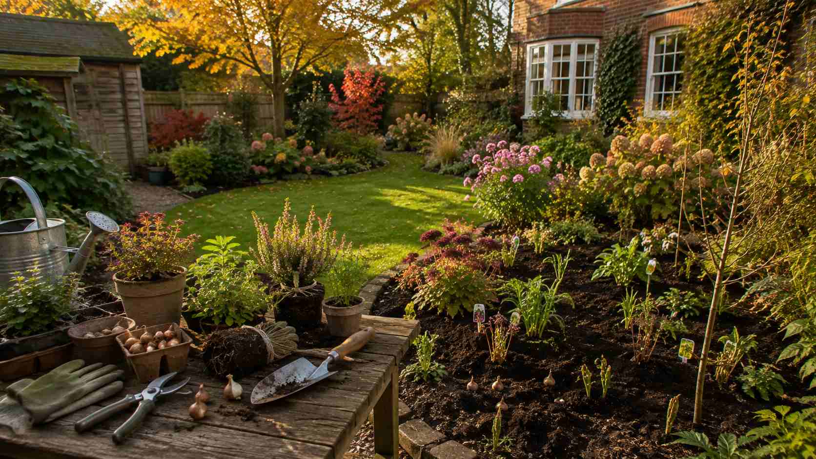 A beautifully landscaped garden with lawn, patio and planted borders in Surrey