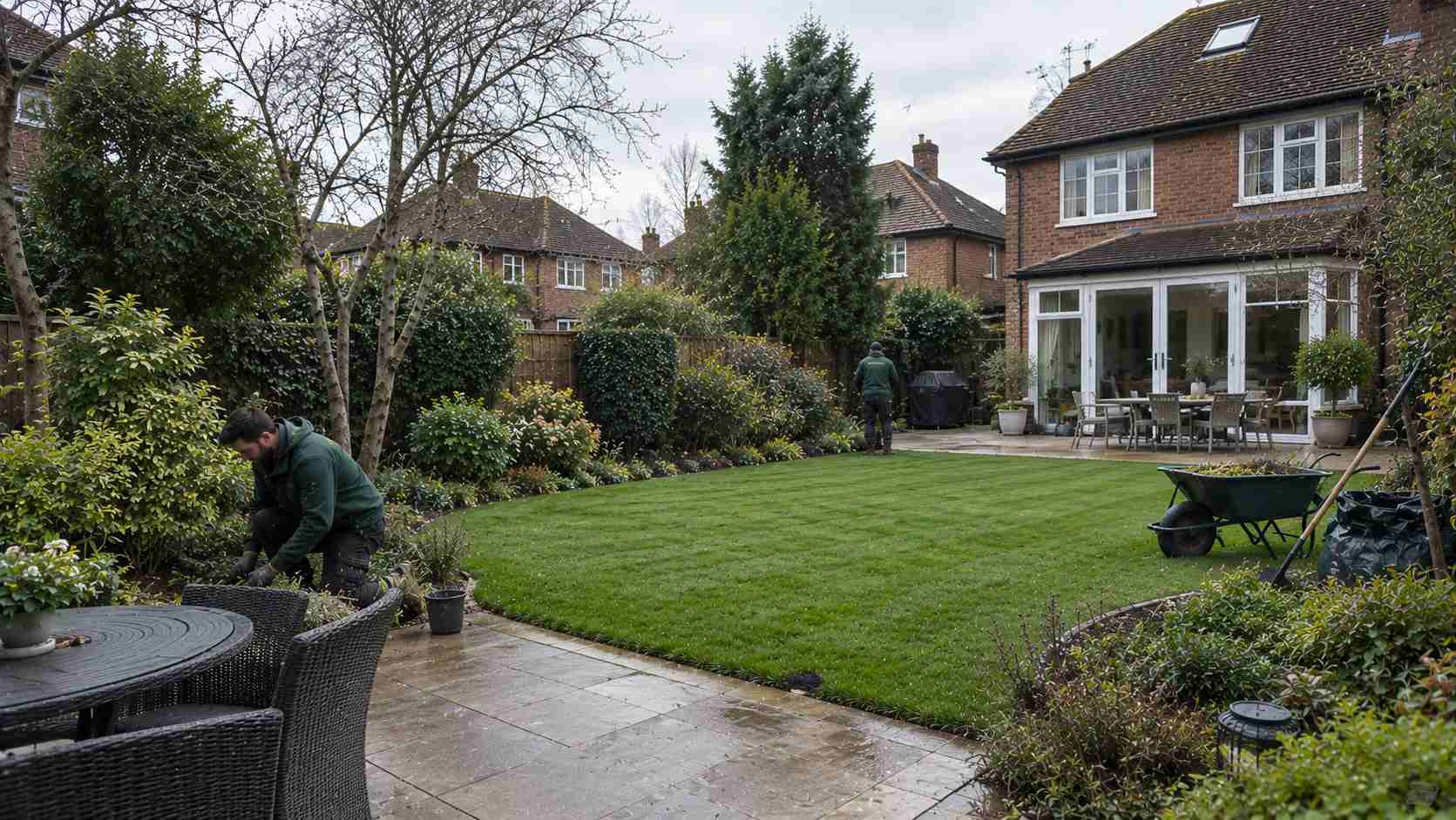 Professional landscapers maintaining a well-designed Surrey garden with a neatly edged lawn, mature planting, natural stone patio and traditional brick home.