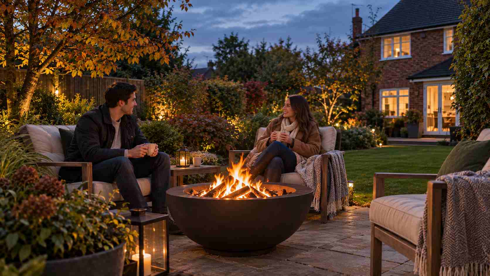A beautifully landscaped garden with lawn, patio and planted borders in Surrey