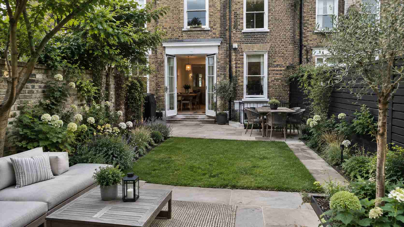 Elegant Chelsea and Kensington townhouse garden with a central lawn, natural stone paving, lush planting, and stylish outdoor seating