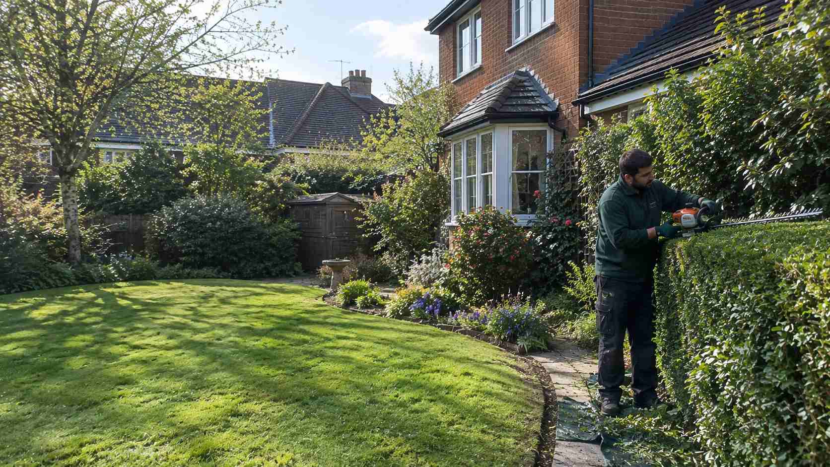 Professional gardener trimming a hedge in a well-maintained Epsom garden with a red-brick Surrey home, green lawn and seasonal flower beds