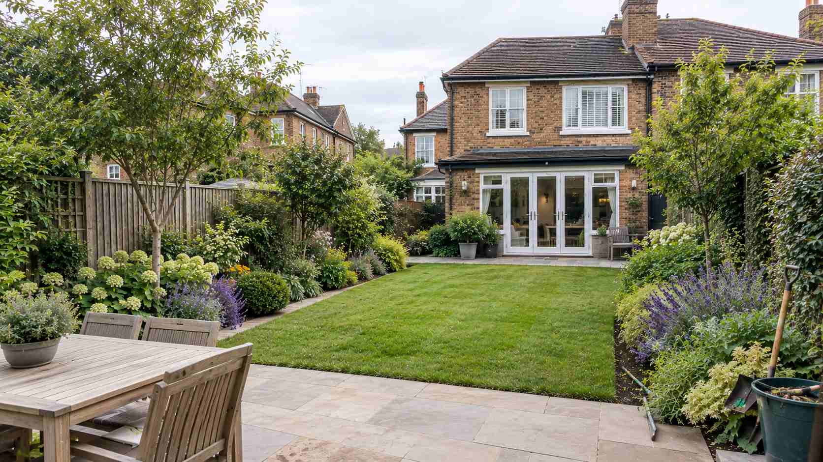 Well-maintained Kingston upon Thames garden with a neatly trimmed lawn, landscaped flower borders, stone patio, wooden fencing, and gardening tools