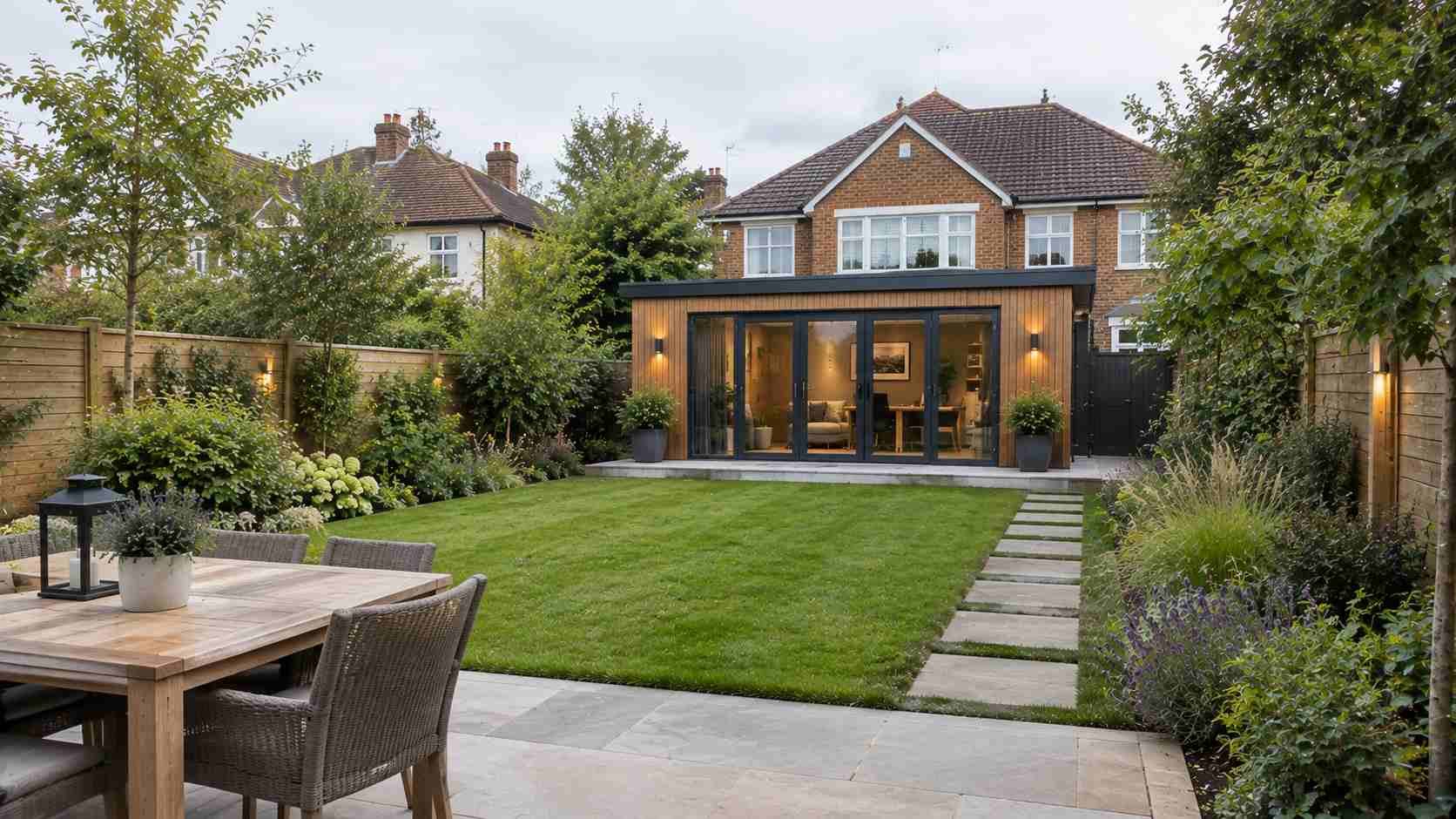 Modern timber-clad garden room with glass doors in a landscaped Surrey garden, featuring a neat lawn, stone pathway, patio seating, and mature planting