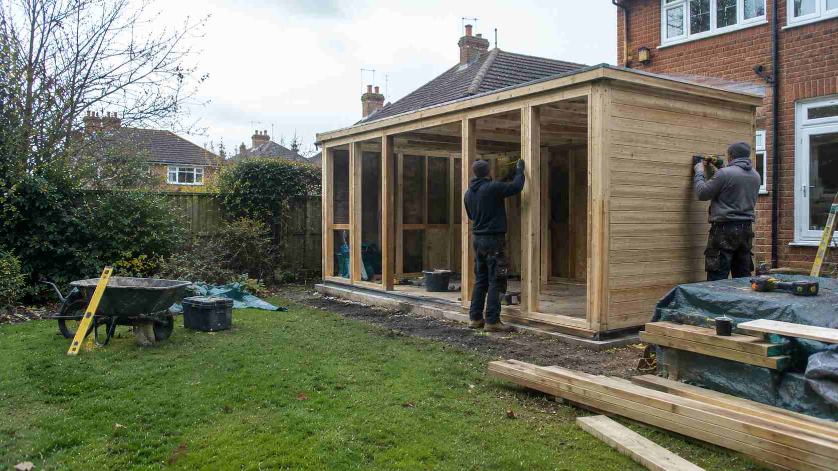 Builders constructing a timber garden room in a UK residential garden, with wooden framing, exterior cladding, and construction materials on site