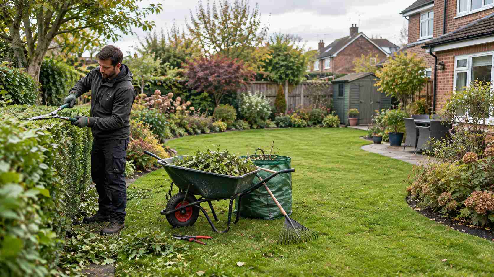 A gardener mowing a lawn in summer, with a border of flowering plants in the background