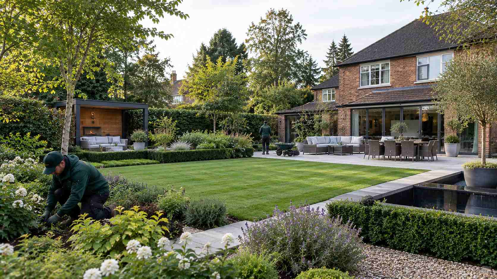 A high-end landscaped garden in Cobham and Oxshott featuring a manicured lawn, mature planting, natural stone patio, contemporary seating, outdoor living area and reflecting pool, with professional landscapers maintaining the garden