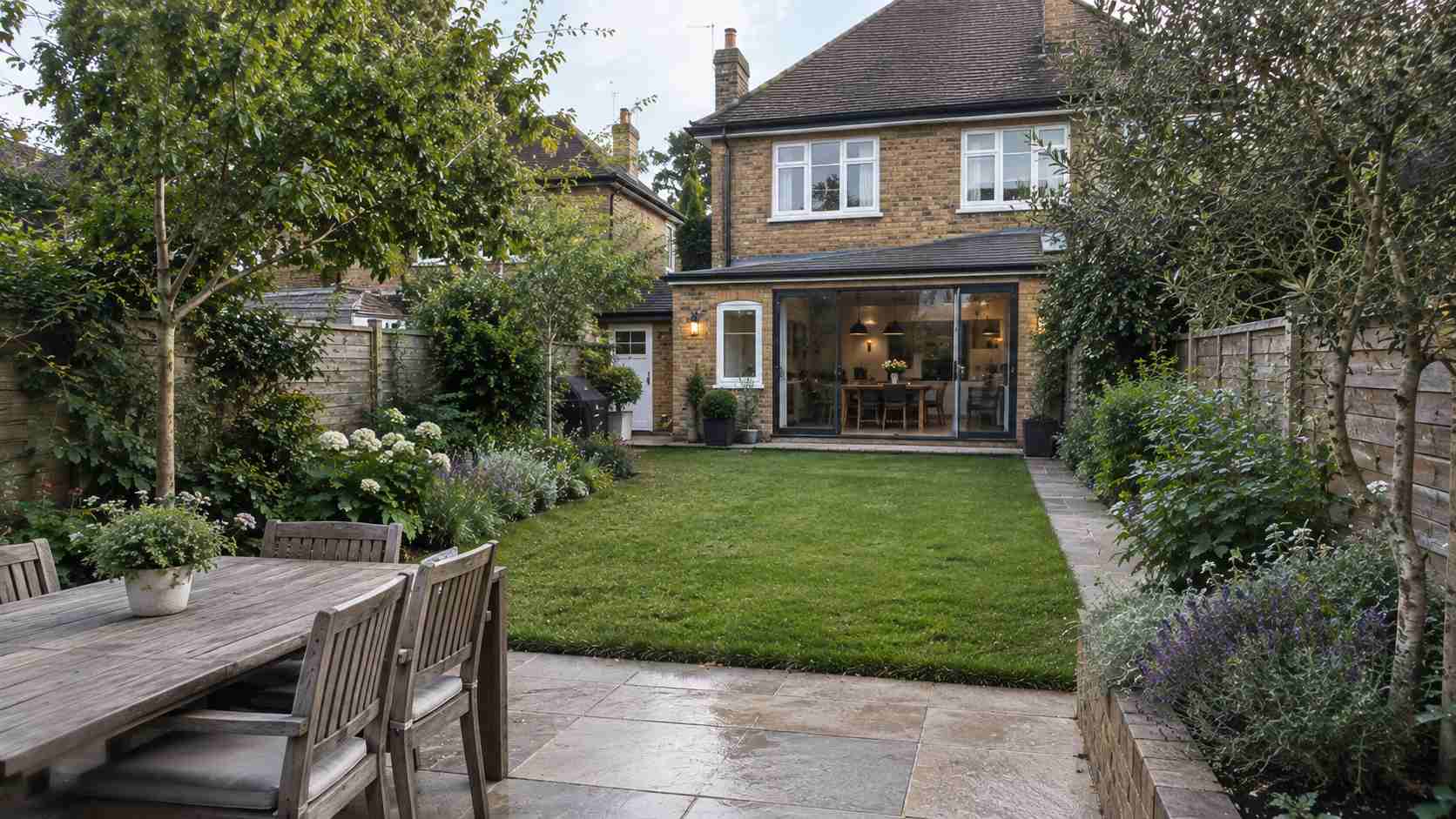 Professionally landscaped Surrey garden in Esher and Walton-on-Thames featuring a natural stone patio, central lawn, raised flower beds, and a traditional brick house