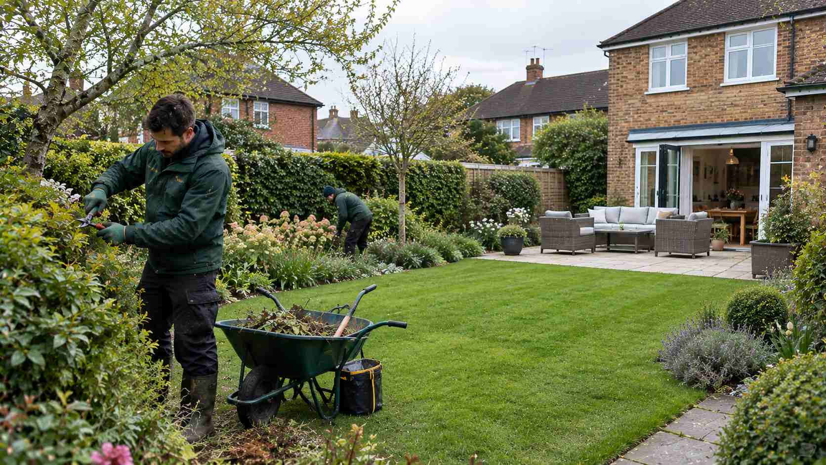 A landscaper cutting a lawn in a Wimbledon garden with a Victorian villa in the background