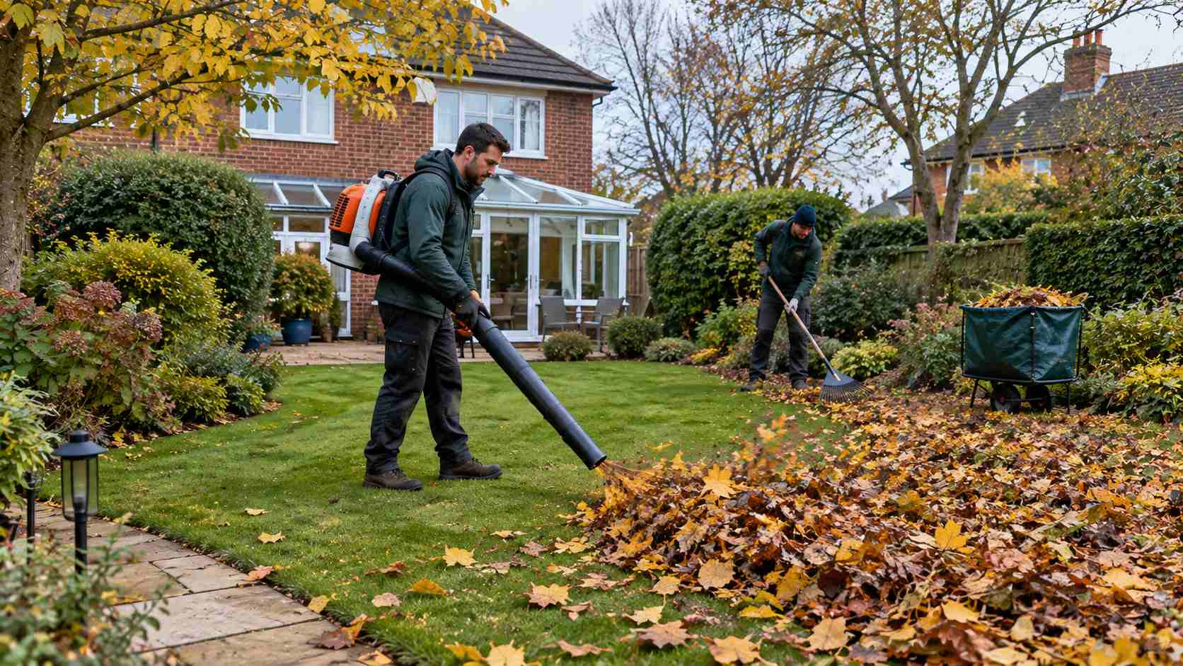 A landscaper clearing wet leaves from a lawn with a spring-tine rake, with a low sun and autumnal trees in the background
