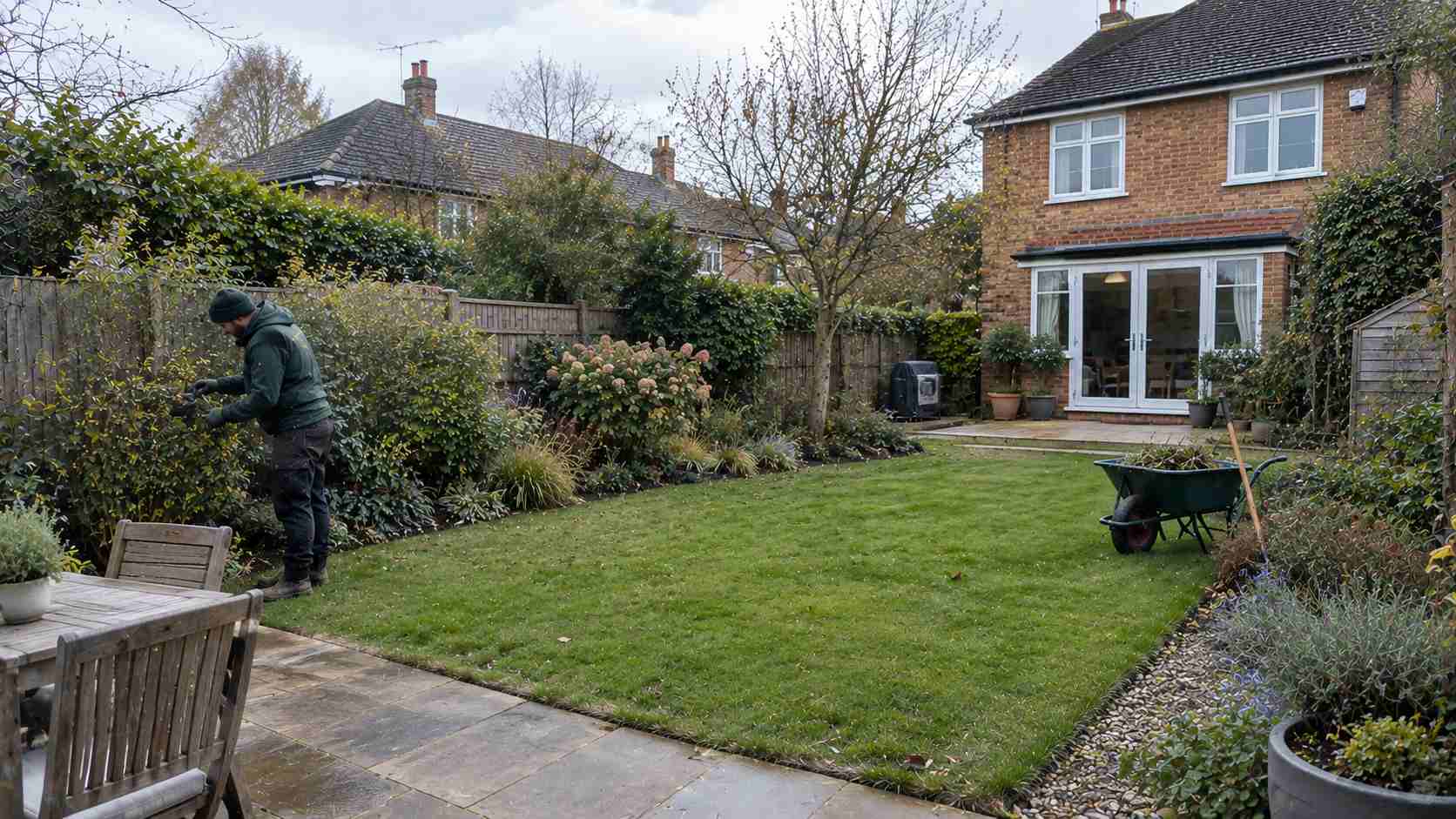 A British suburban garden with a neat lawn, low-maintenance planting beds, mature shrubs, stone patio and brick house, while a gardener trims the garden border