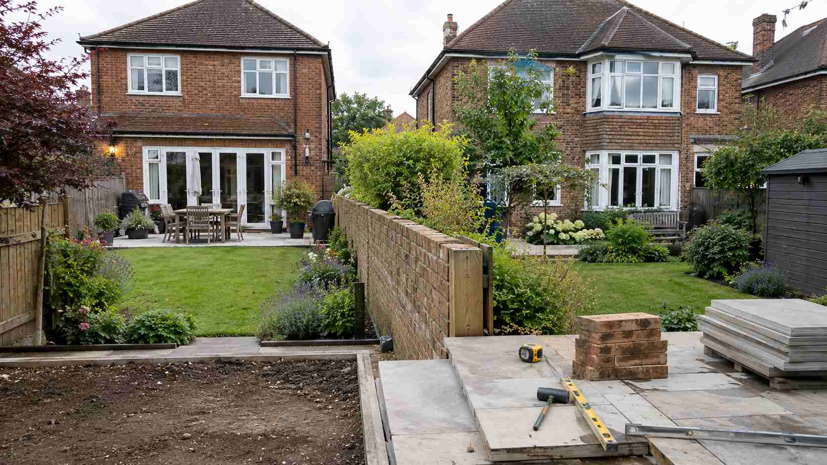 Garden renovation between neighbouring UK homes, showing a shared brick boundary wall, patio paving slabs, building tools, and a partially completed landscaping project