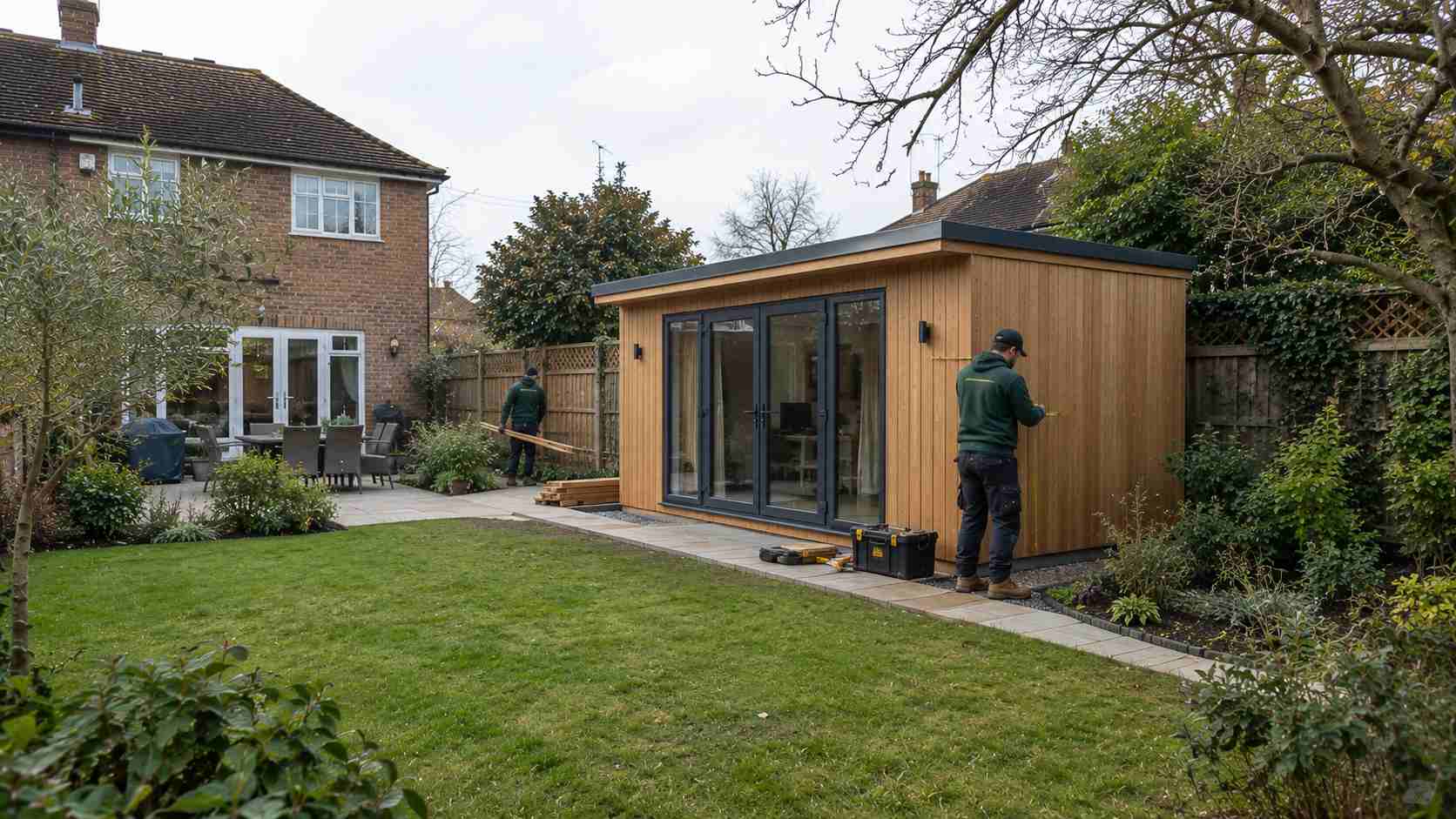 A British suburban garden with a timber-clad garden room under construction, while two builders measure and assemble the structure beside a landscaped lawn and traditional brick house