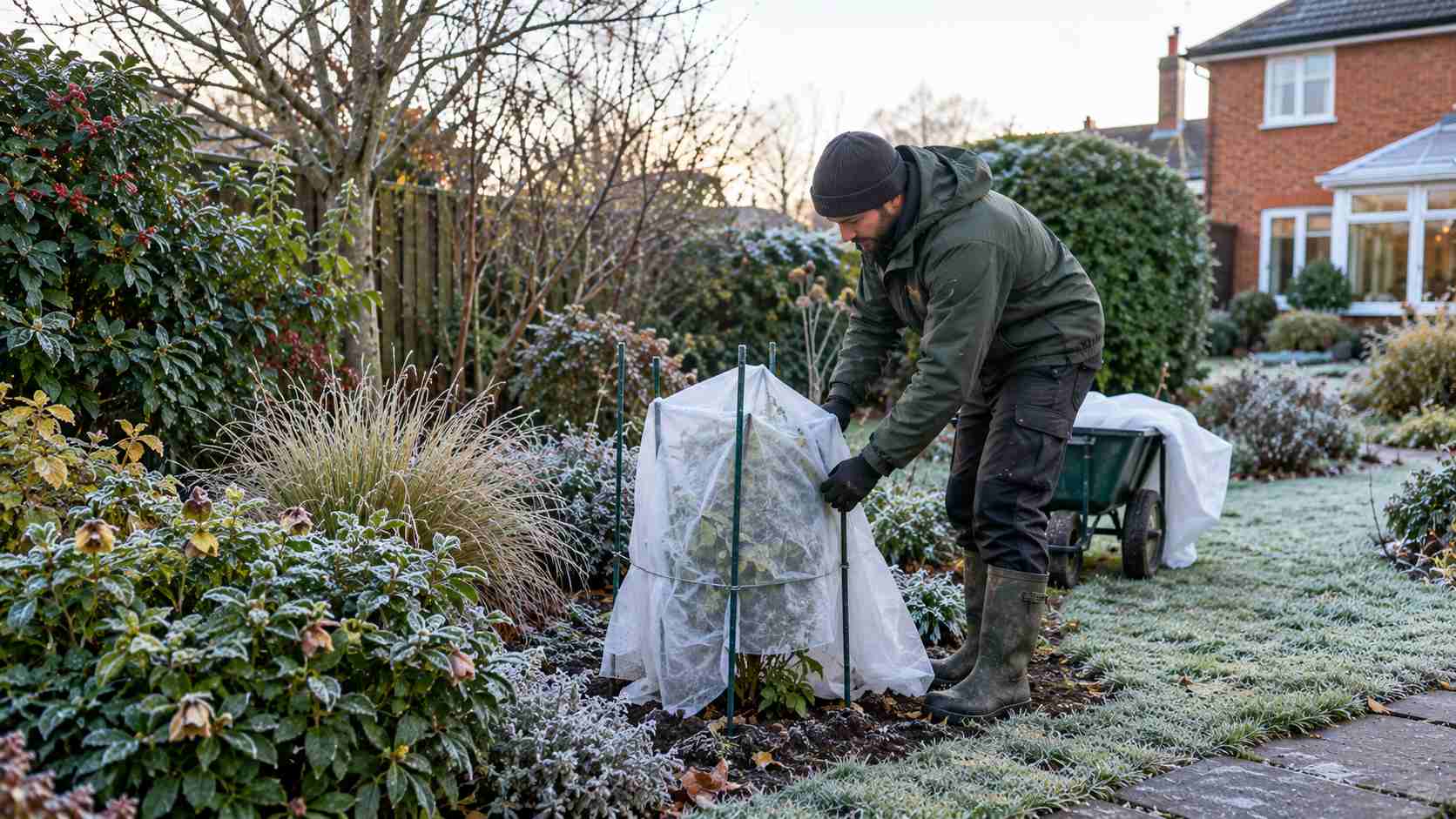 A tender plant in a pot covered with horticultural fleece, with frost on the surrounding grass and garden
