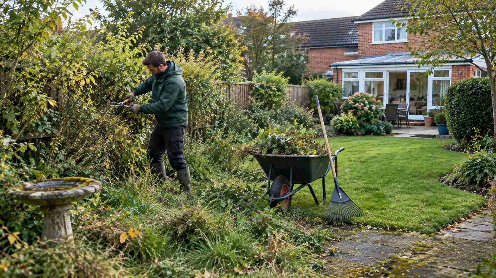 A gardener cutting back overgrown hedges with a pair of loppers, with a lawn and borders in the background showing signs of neglect