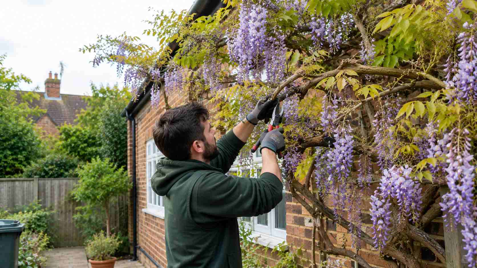 A gardener in dark green workwear pruning a mature flowering wisteria with secateurs beside a traditional British brick house