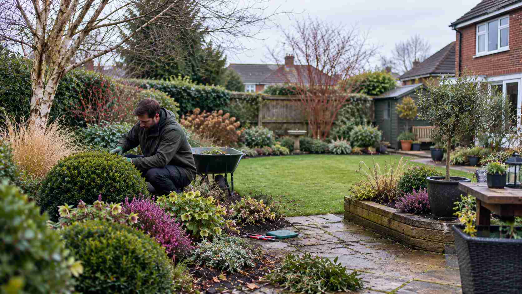 A landscaper pruning a dogwood shrub with vivid red stems in a winter garden, with evergreen hedging and a low sun in the background